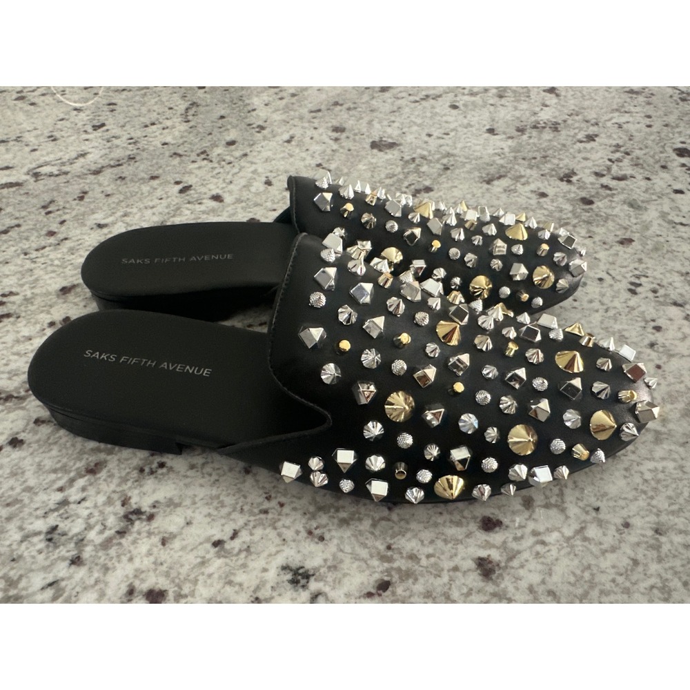 Saks Fifth Avenue Black Leather Studded Mule Flats Size 10